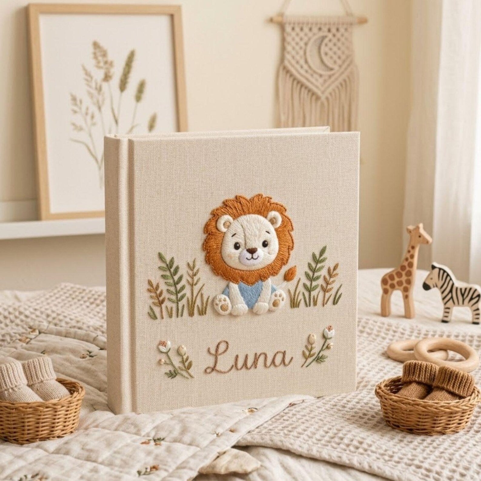 Personalized baby lion hand embroidered photo album with safari botanical design on linen cover