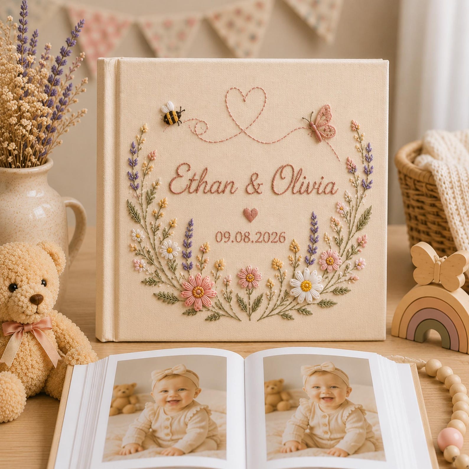 Personalized embroidered wedding photo album with pastel flowers lavender butterflies and custom couple names on linen cover