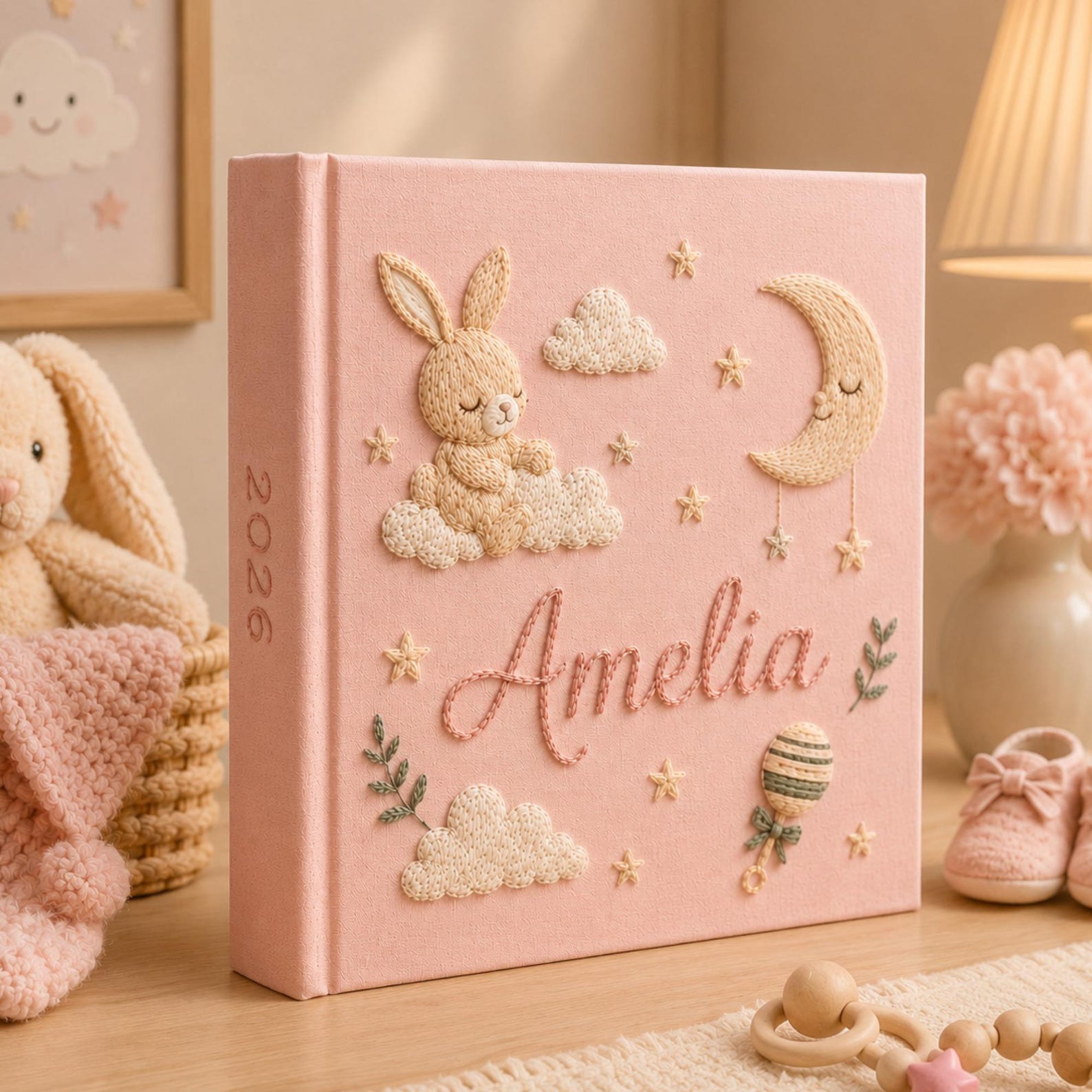 Personalized bunny hand embroidered photo album with moon clouds and stars nursery keepsake design