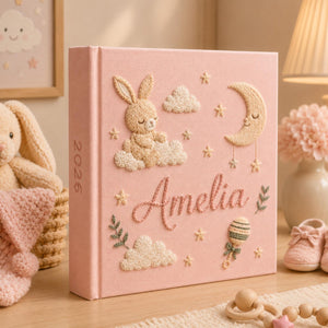 Personalized bunny hand embroidered photo album with moon clouds and stars nursery keepsake design