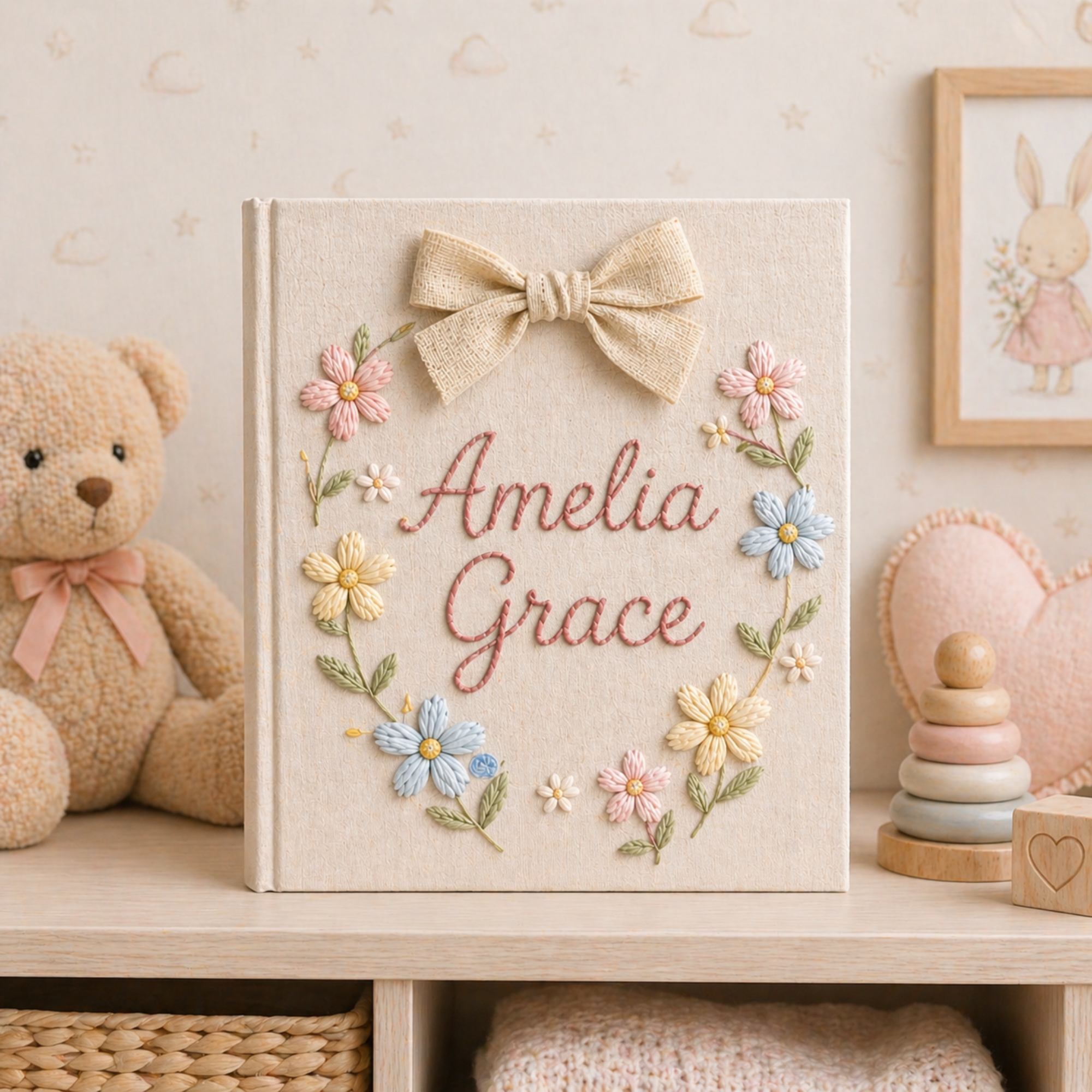 Personalized hand embroidered photo album featuring a floral name crest with pastel flowers and elegant bow on a pink linen cover