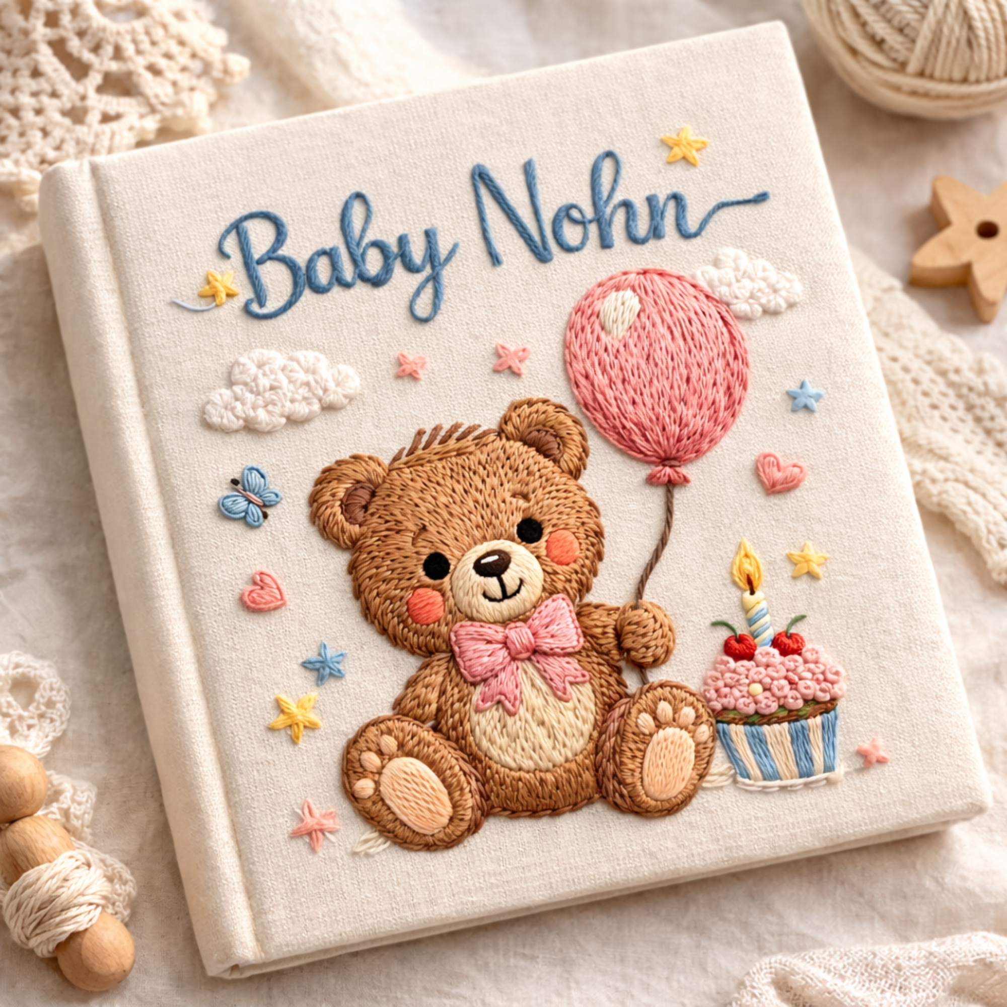 Personalized hand embroidered photo album featuring a birthday teddy bear holding a cake with heart balloons and gift boxes on a linen cover