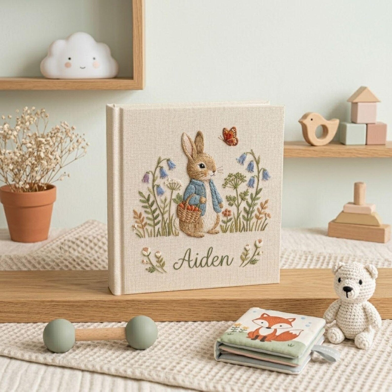 Personalized woodland bunny hand embroidered baby photo album with floral forest nursery design on linen cover