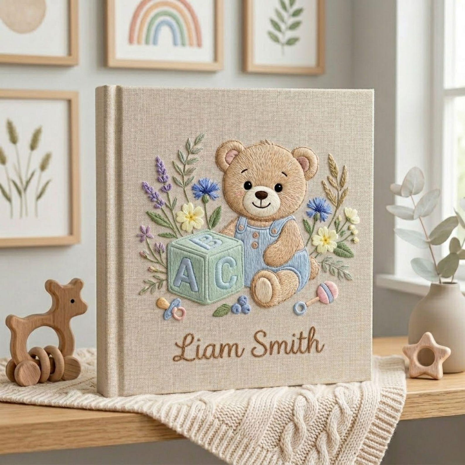 Personalized hand embroidered photo album featuring teddy bear in blue overalls with alphabet block and floral details on linen cover
