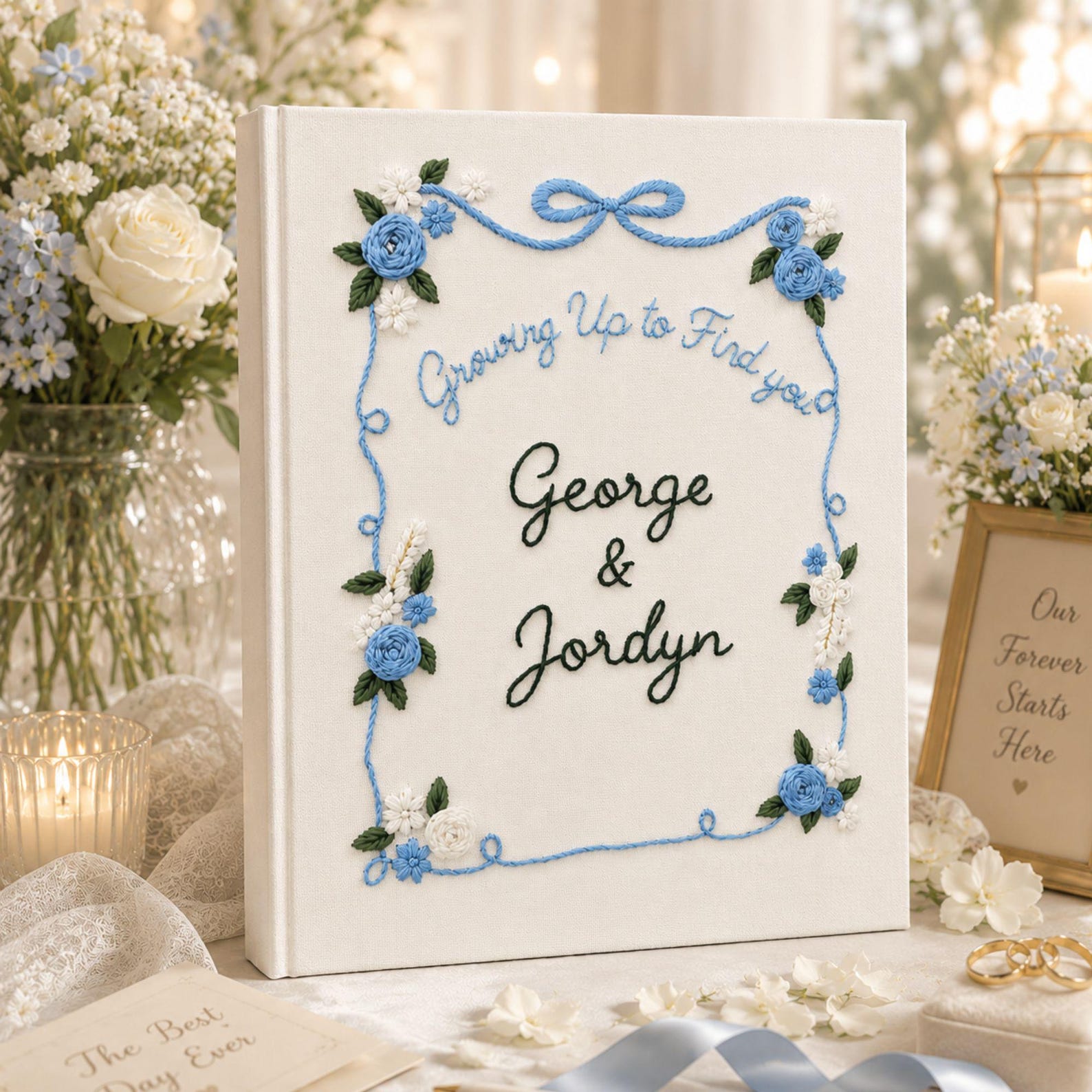 Personalized wedding photo album with blue floral embroidery ribbon border custom couple names and linen fabric cover