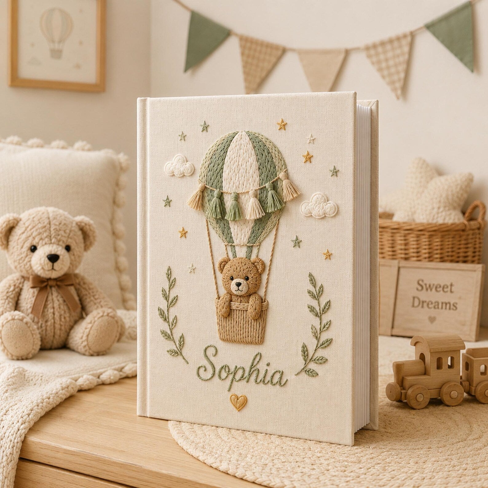 Personalized neutral hot air balloon teddy bear hand embroidered photo album with custom baby name