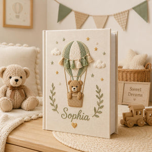 Personalized neutral hot air balloon teddy bear hand embroidered photo album with custom baby name