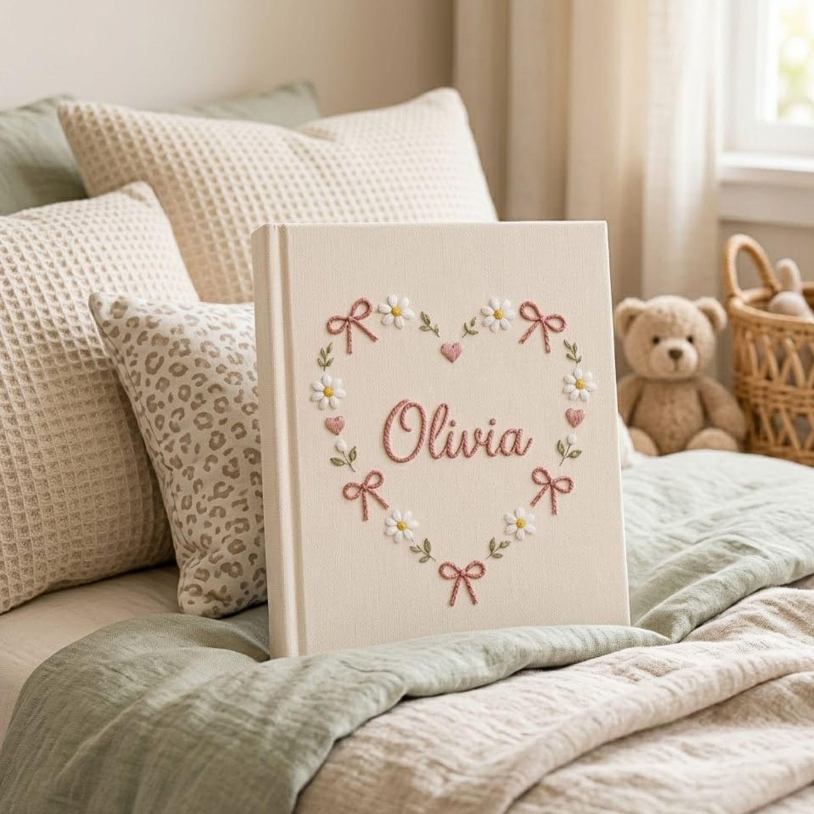 Personalized daisy heart hand embroidered photo album with floral bow and pastel design on linen cover