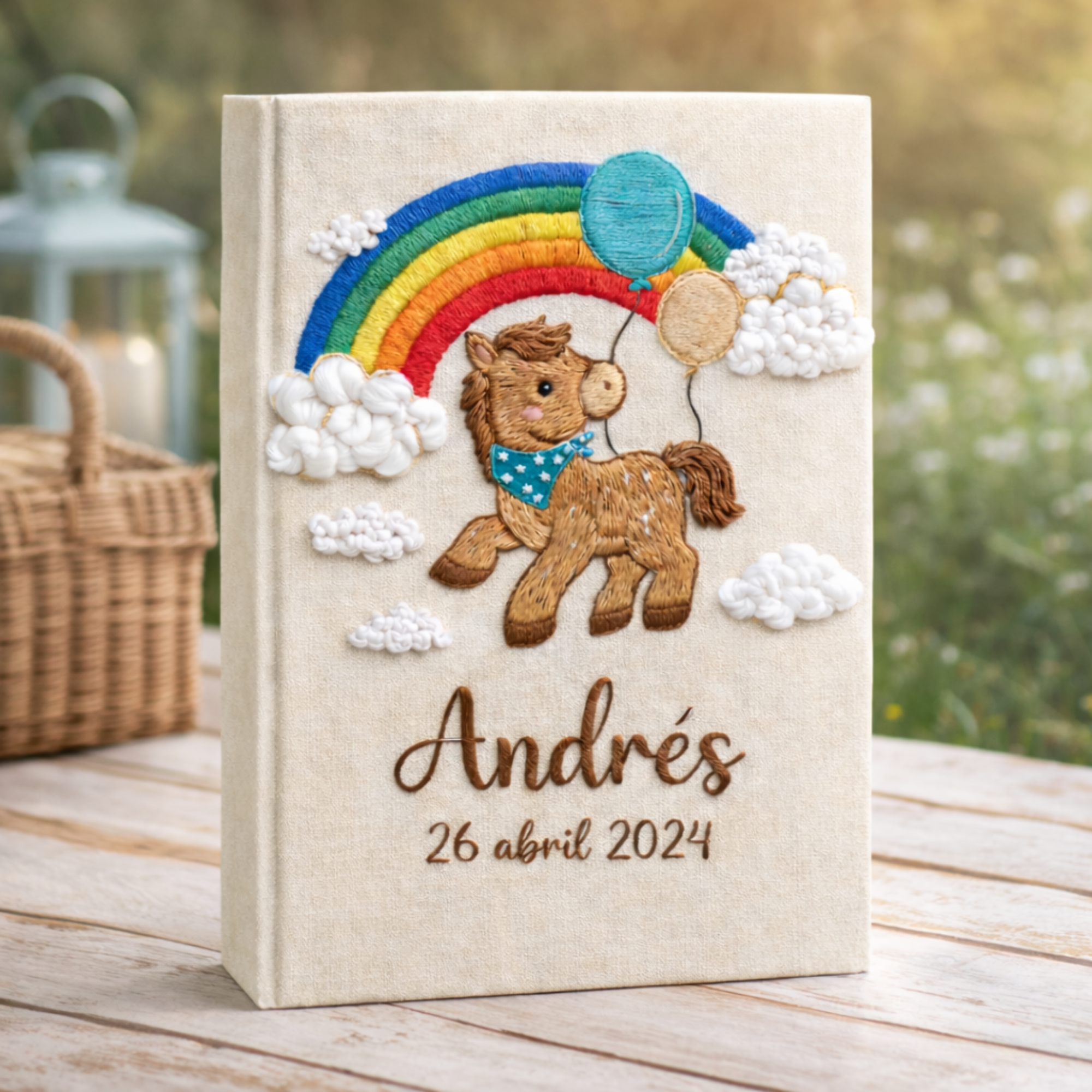 Personalized hand embroidered photo album featuring an adorable pony with balloons, colorful rainbow, fluffy clouds, and custom name embroidery on linen cover