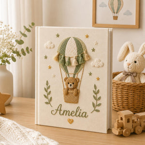 Personalized neutral hot air balloon teddy bear hand embroidered photo album with custom baby name