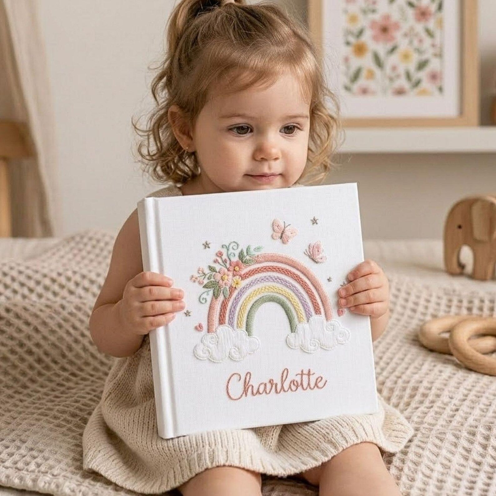 Custom embroidered baby photo album with pastel rainbow, butterflies, floral embroidery, fluffy clouds, and personalized name