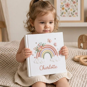 Custom embroidered baby photo album with pastel rainbow, butterflies, floral embroidery, fluffy clouds, and personalized name