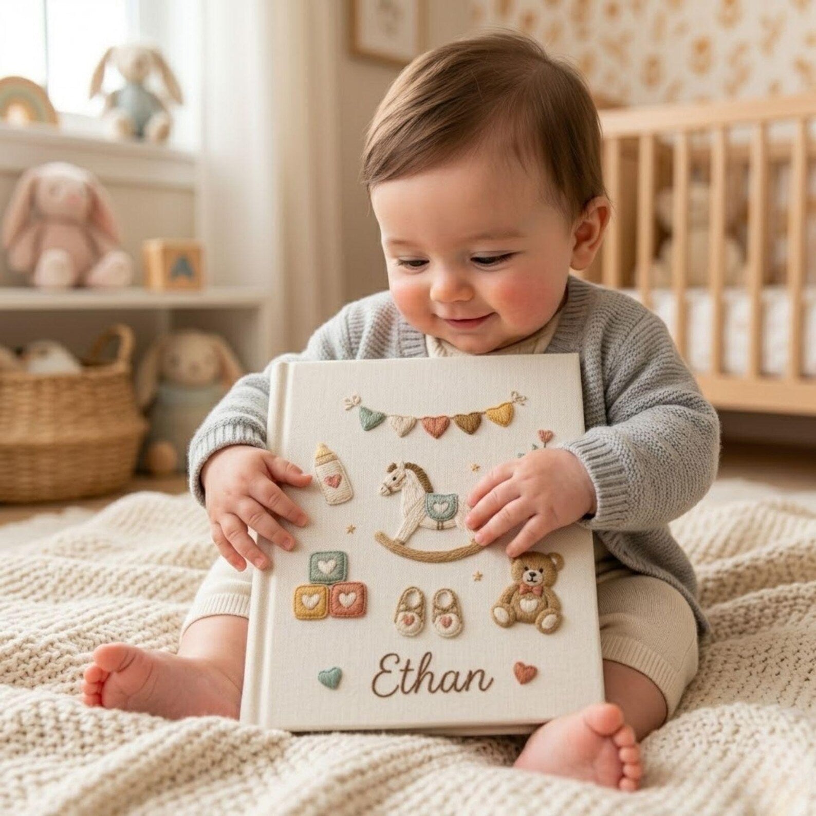 Personalized baby toys hand embroidered photo album with rocking horse teddy bear and nursery accessories on linen cover
