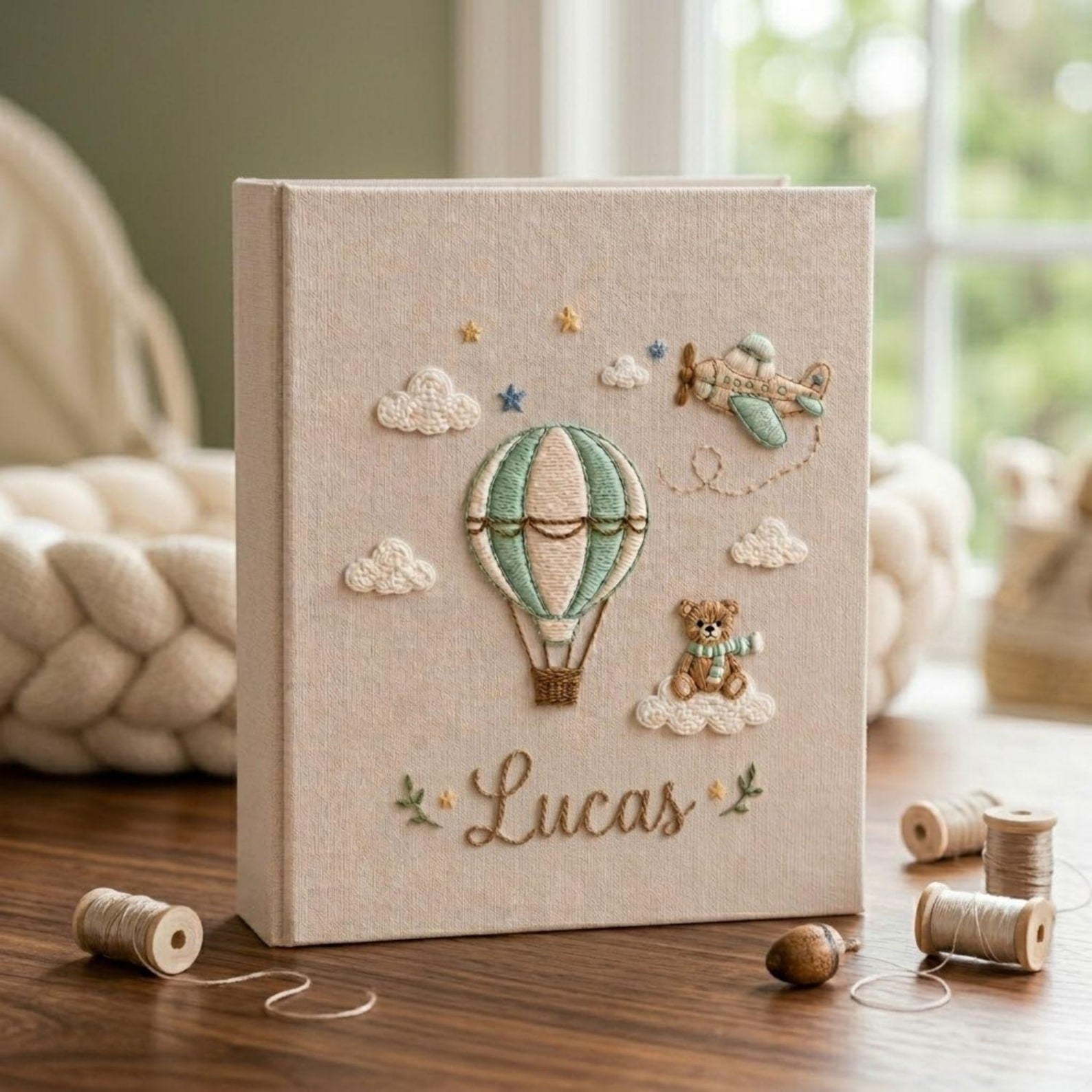 Personalized adventure travel hand embroidered baby photo album with hot air balloon airplane and teddy bear design on linen cover