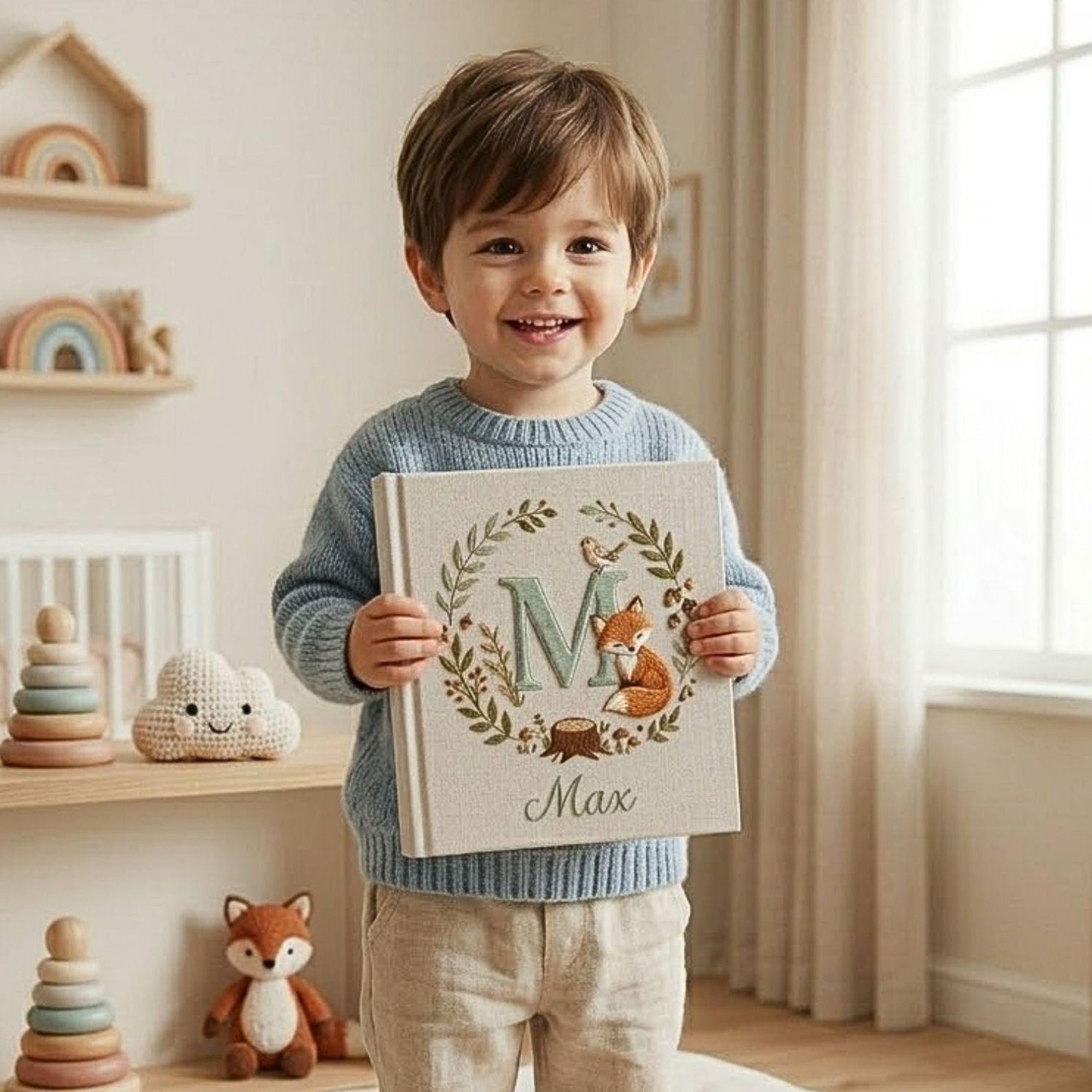 Personalized woodland fox monogram embroidered baby photo album with forest leaves and custom name on linen cover
