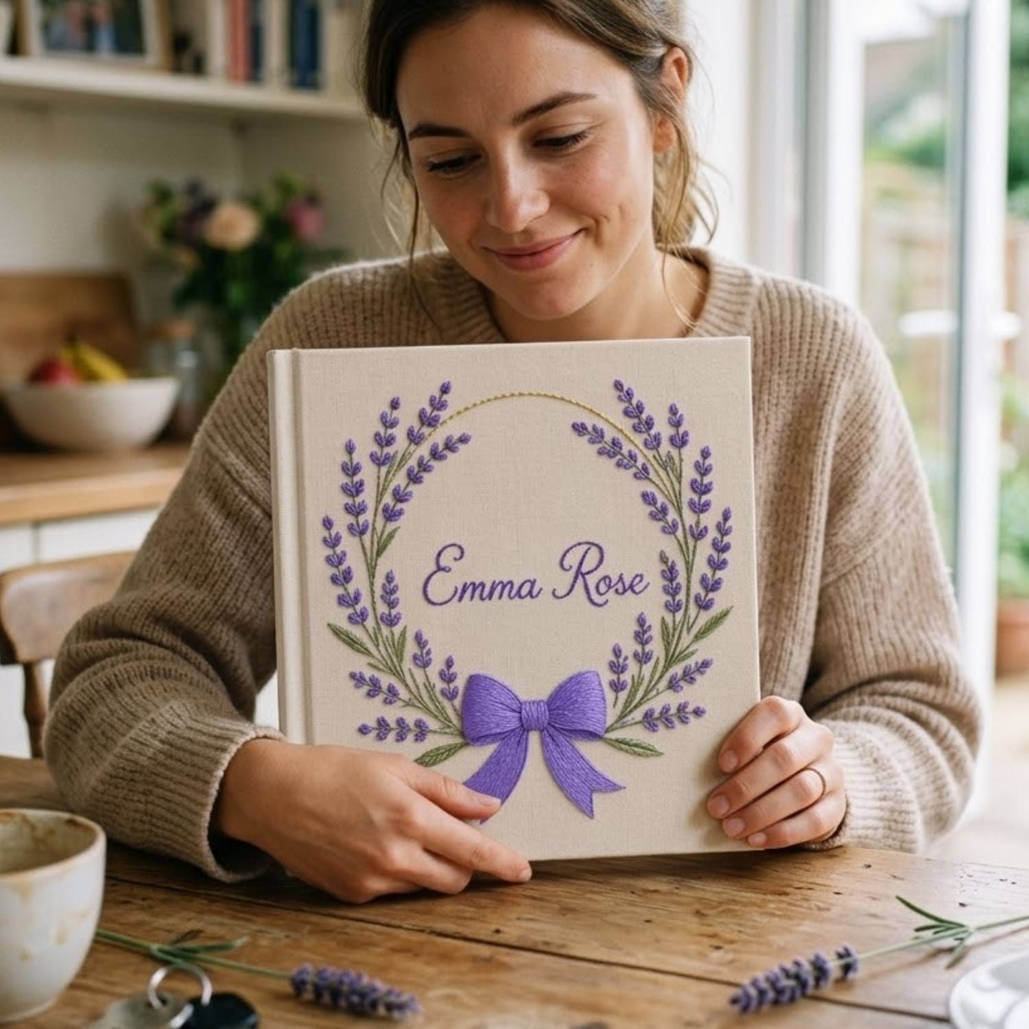 Personalized hand embroidered photo album featuring a lavender floral wreath with an elegant purple bow on a premium linen cover customized with a name