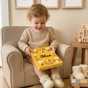 Personalized bee theme hand embroidered baby photo album with honey bee nursery design on yellow linen cover