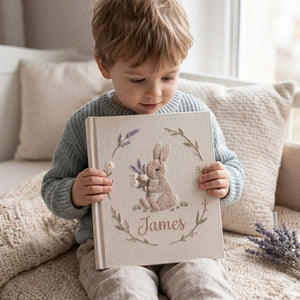 Personalized bunny lavender hand embroidered baby photo album with floral botanical design on linen cover