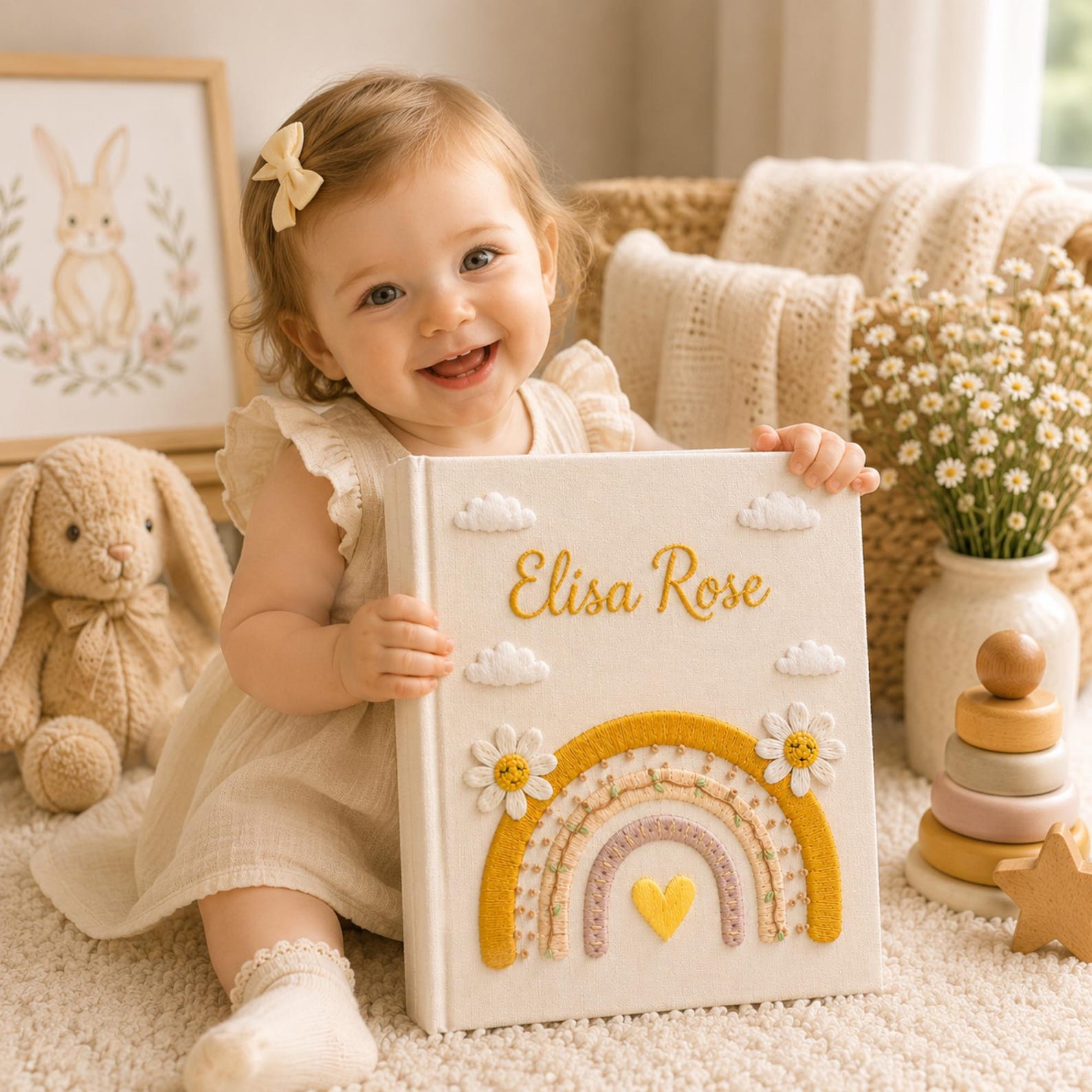 Personalized rainbow hand embroidered photo album with daisy flowers and pastel nursery keepsake design