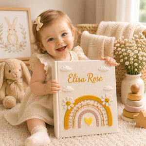 Personalized rainbow hand embroidered photo album with daisy flowers and pastel nursery keepsake design