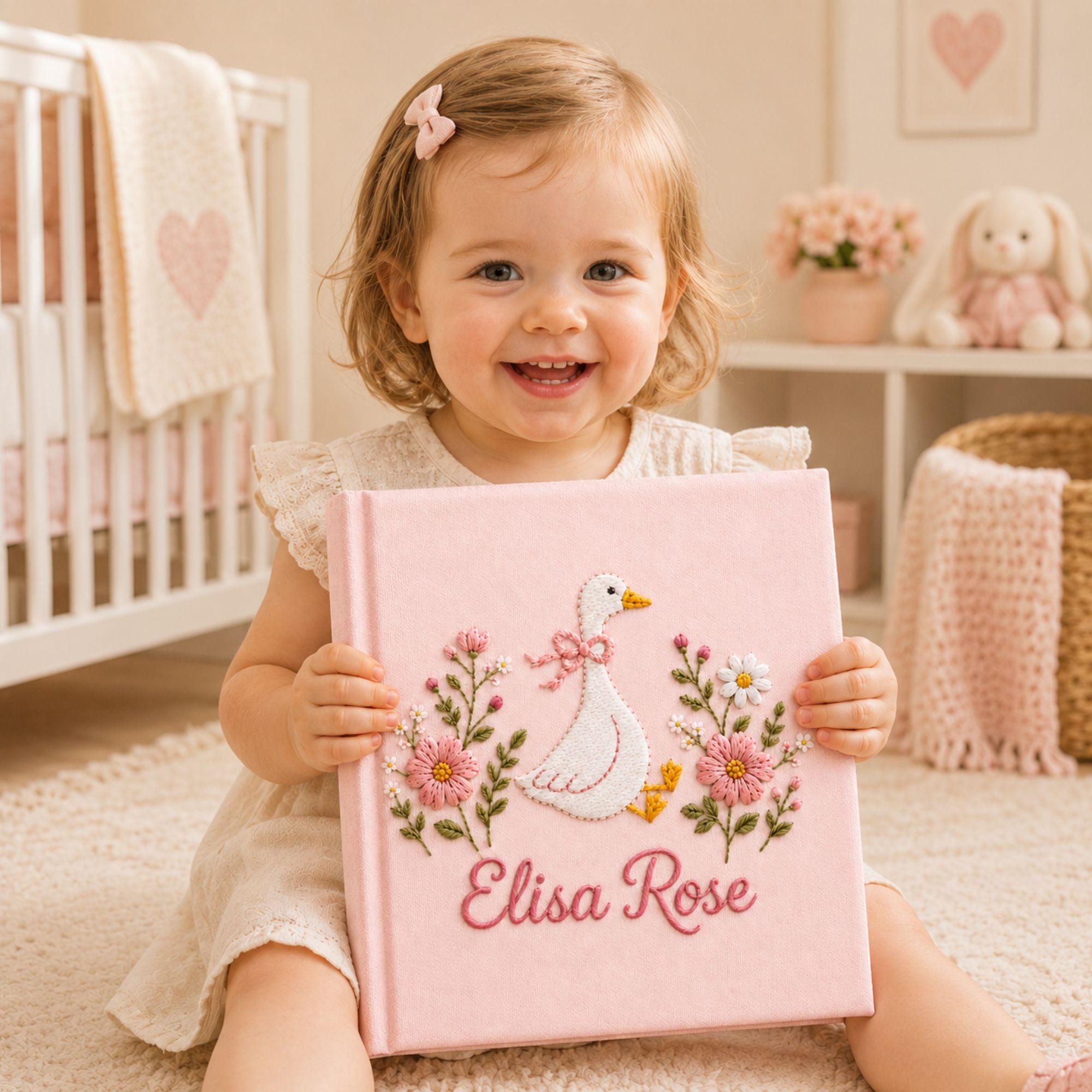 Personalized hand embroidered photo album featuring a white goose with pink bow surrounded by delicate pink flowers and custom name embroidery on linen cover