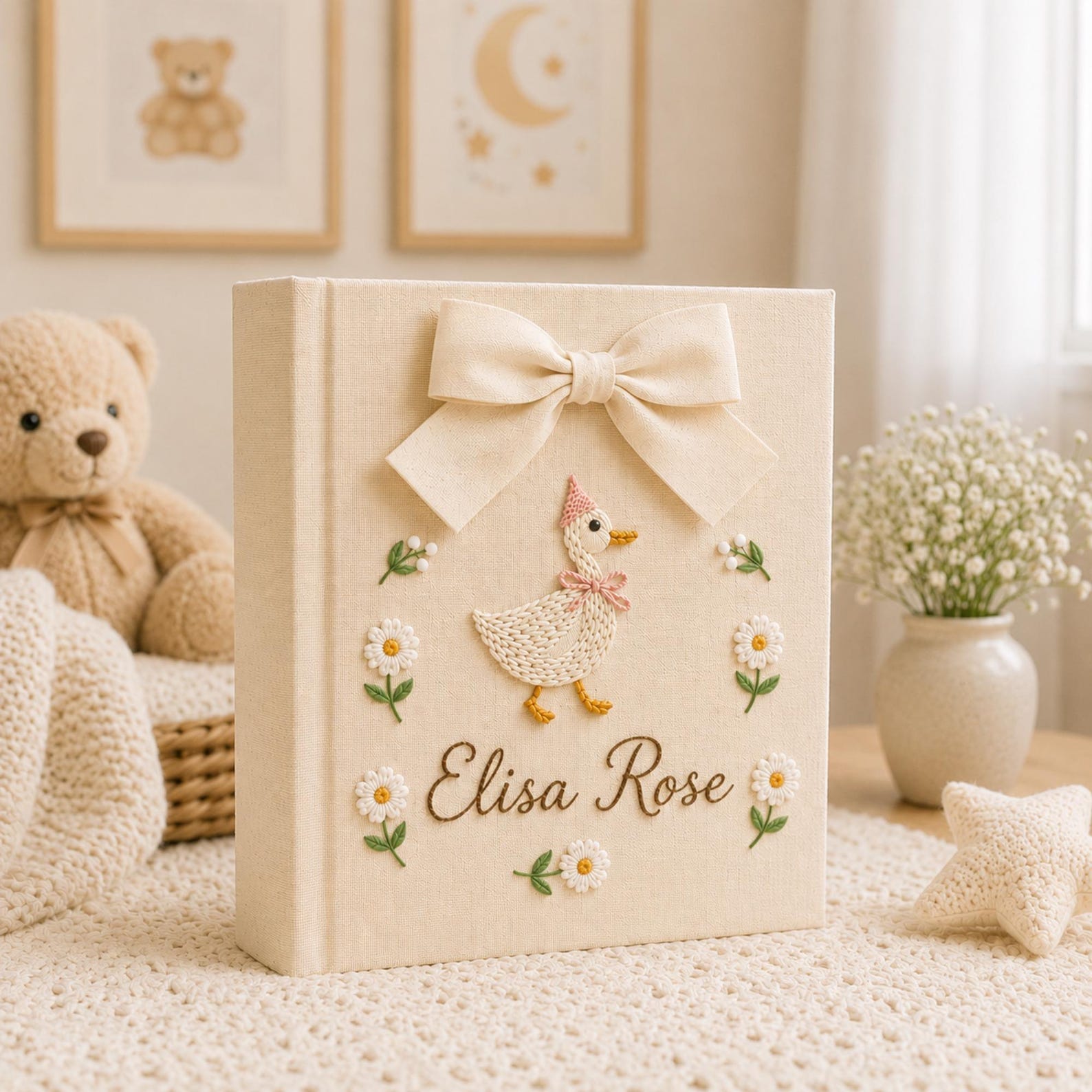 Personalized yellow hand embroidered baby photo album with duckling, daisies, and decorative bow