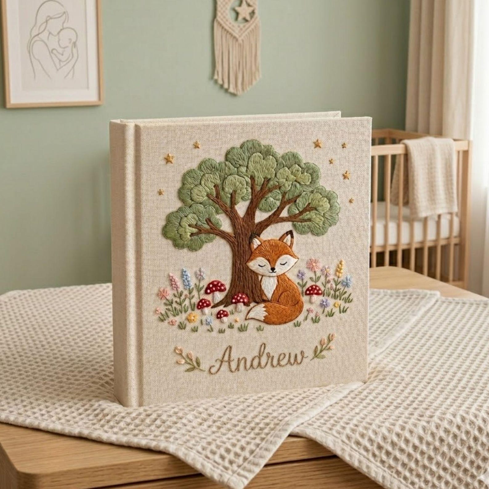 Personalized woodland fox hand embroidered baby photo album with forest tree and mushroom nursery design on linen cover