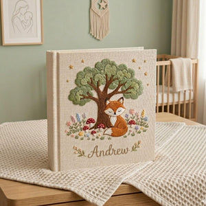 Personalized woodland fox hand embroidered baby photo album with forest tree and mushroom nursery design on linen cover