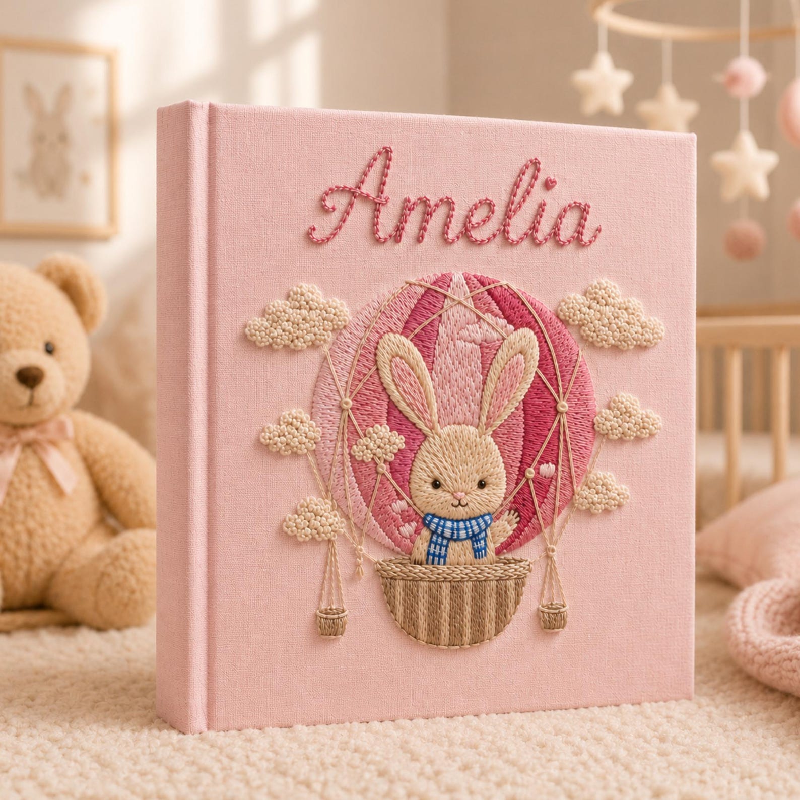 Personalized hand embroidered baby photo album with bunny in pink hot air balloon and clou