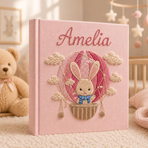 Personalized hand embroidered baby photo album with bunny in pink hot air balloon and clou