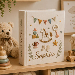 Personalized hand embroidered baby photo album with rocking horse, baby rattle, bunting flags, and vintage nursery toys