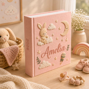 Personalized bunny hand embroidered photo album with moon clouds and stars nursery keepsake design