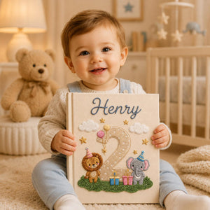 Personalized woodland fox hand embroidered photo album with mushroom and cottagecore nursery design