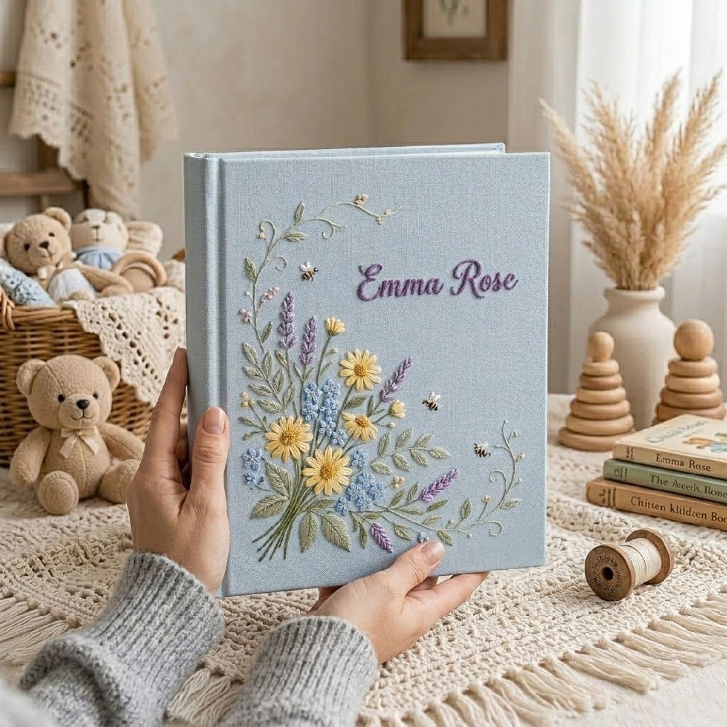 Personalized hand embroidered photo album featuring a wildflower bouquet with lavender, daisies, delicate greenery, bees, and custom name embroidery on a blue linen cover