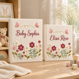 Personalized hand embroidered floral baby photo album with pink flowers and butterfly accents