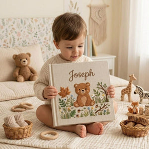 Personalized woodland teddy bear hand embroidered baby photo album with floral forest design on linen cover