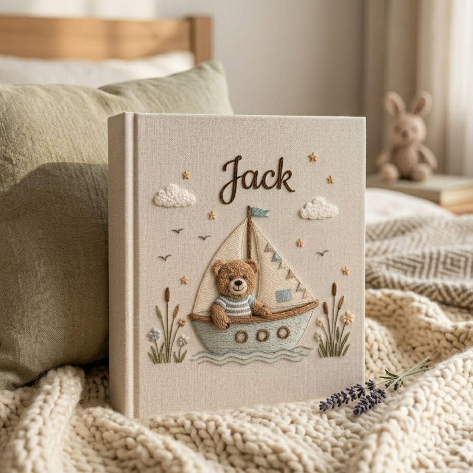 Personalized teddy sailboat hand embroidered baby photo album with nautical coastal nursery design on linen cover