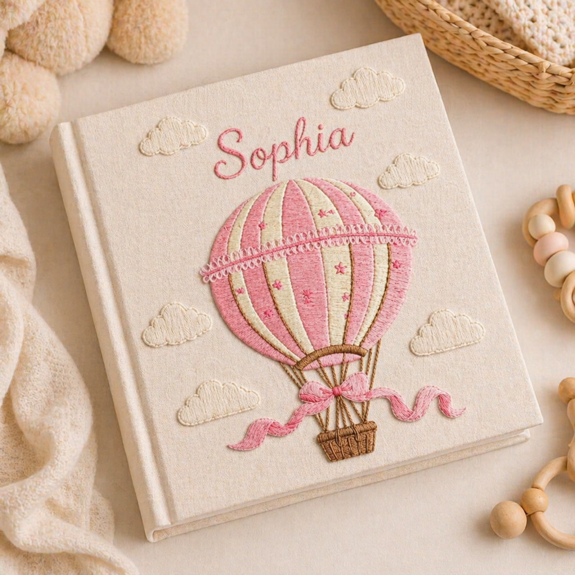 Personalized hand embroidered photo album with pink hot air balloon design, custom baby girl memory book keepsake gift