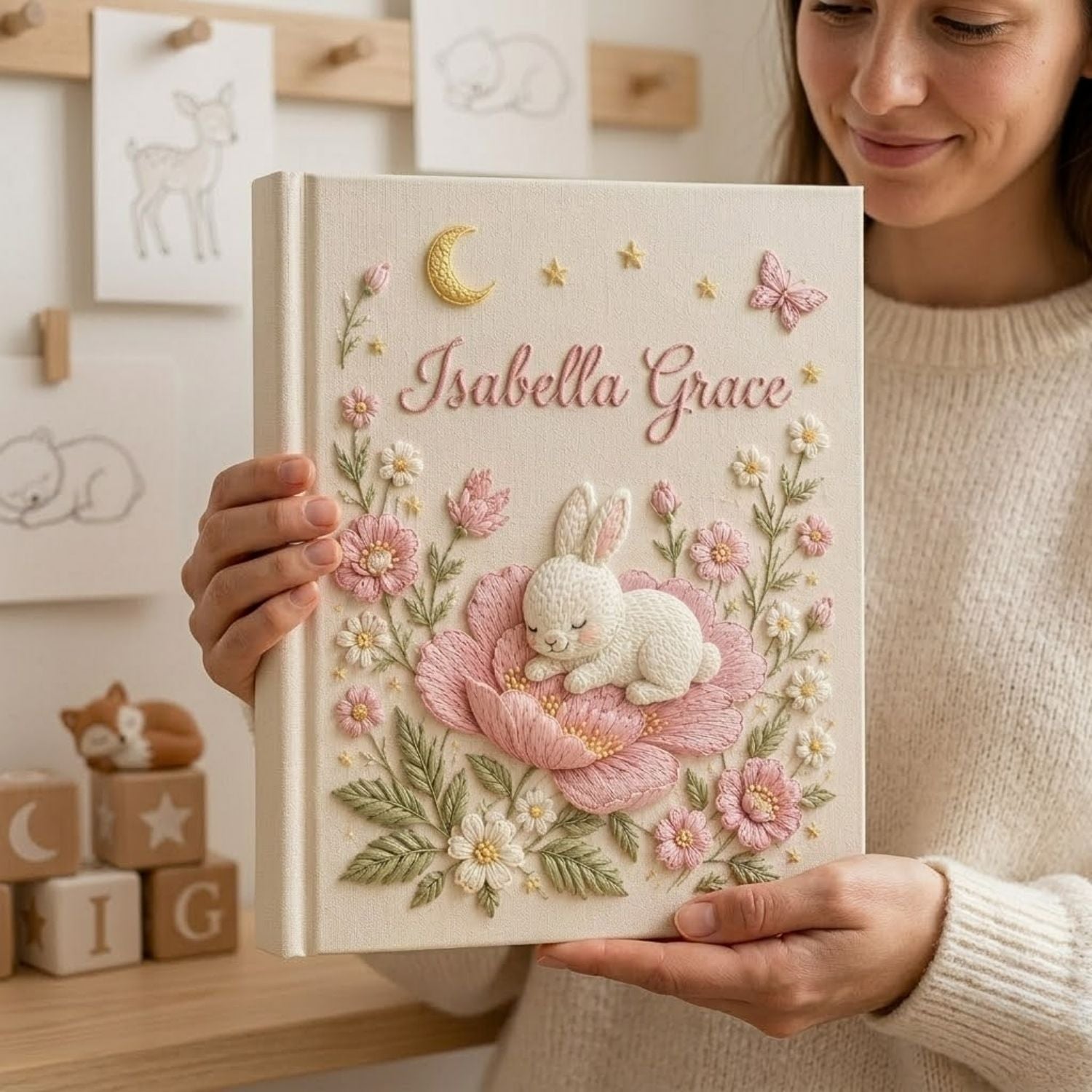Personalized hand embroidered photo album featuring a sleeping bunny resting on a large pink flower surrounded by blossoms, butterflies, stars, and a crescent moon on a premium linen cover customized with a baby name
