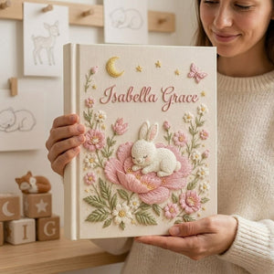 Personalized hand embroidered photo album featuring a sleeping bunny resting on a large pink flower surrounded by blossoms, butterflies, stars, and a crescent moon on a premium linen cover customized with a baby name