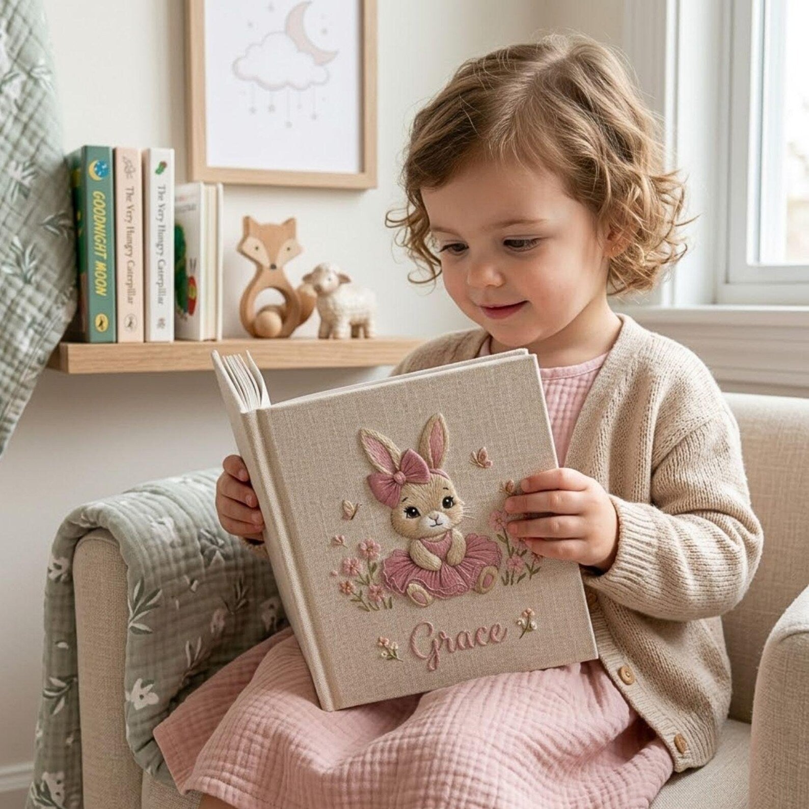Personalized bunny princess embroidered baby photo album with pink ballerina bunny design on linen cover