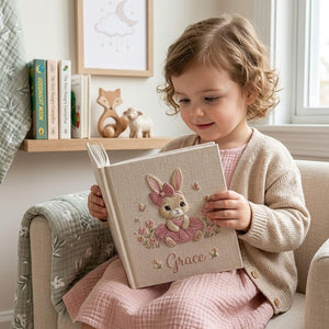 Personalized bunny princess embroidered baby photo album with pink ballerina bunny design on linen cover