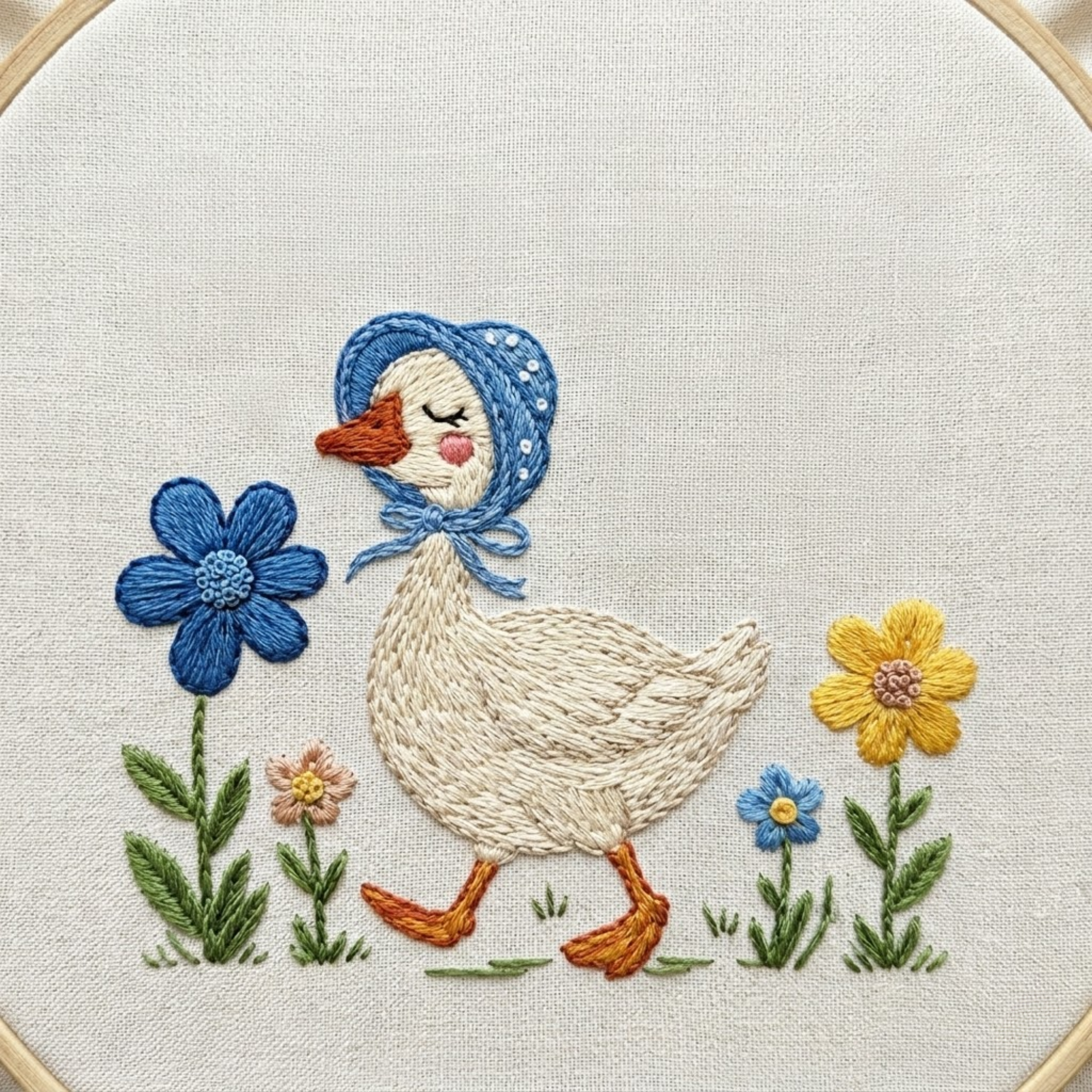 Personalized hand embroidered photo album featuring a bonnet goose walking through a whimsical storybook flower garden