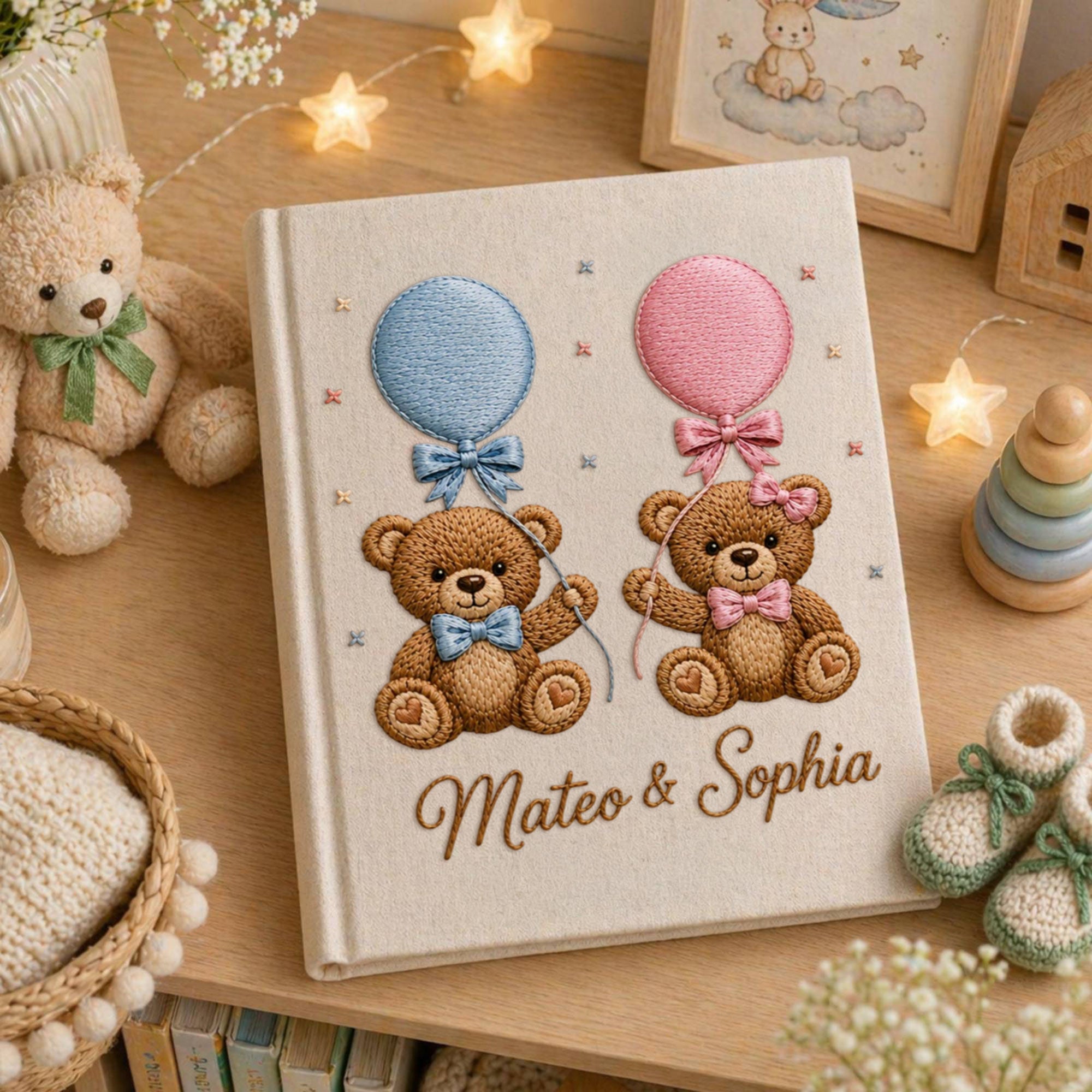 Personalized hand embroidered teddy bear photo album with pastel balloons custom baby keepsake memory book