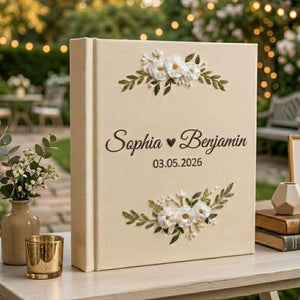 Personalized hand embroidered wedding photo album with white floral embroidery custom names and wedding date on linen cover