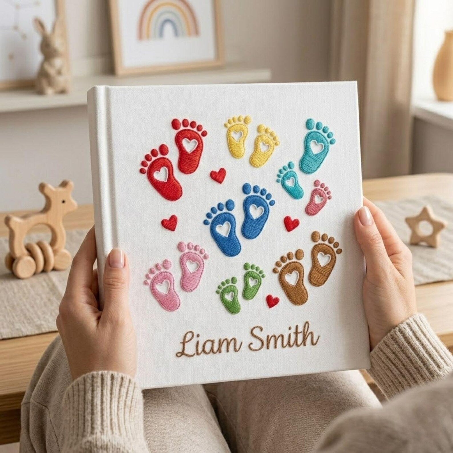 Personalized hand embroidered photo album featuring colorful baby footprints with heart details and custom baby name on linen cover