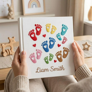Personalized hand embroidered photo album featuring colorful baby footprints with heart details and custom baby name on linen cover