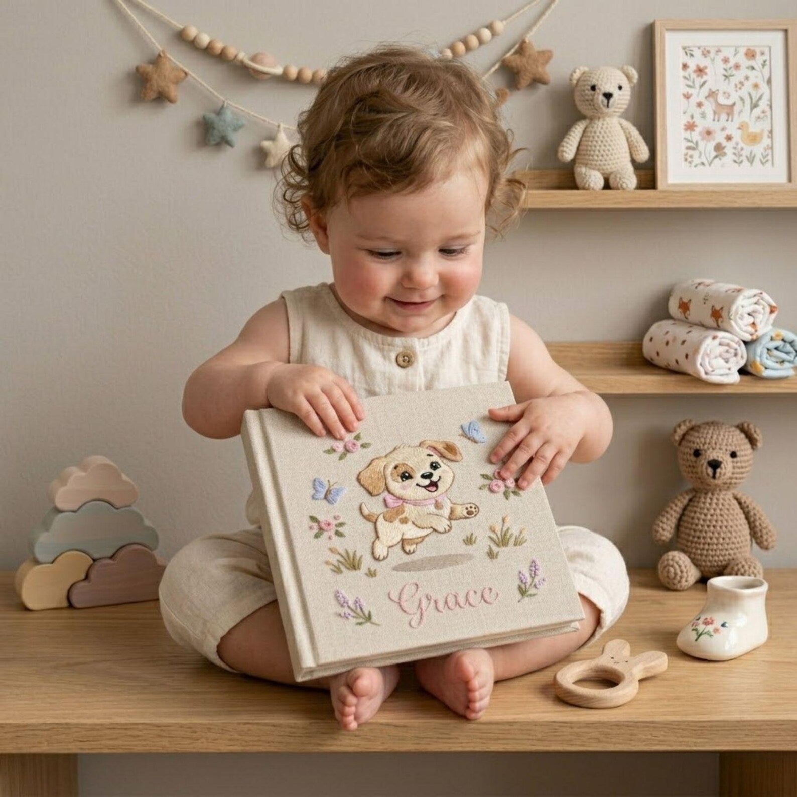 Personalized embroidered baby photo album with cute puppy, butterflies, pastel flowers, and custom name embroidery