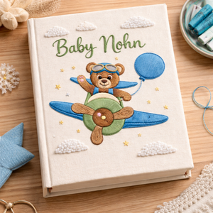 Personalized hand embroidered photo album featuring a teddy bear pilot flying a vintage airplane with clouds and stars