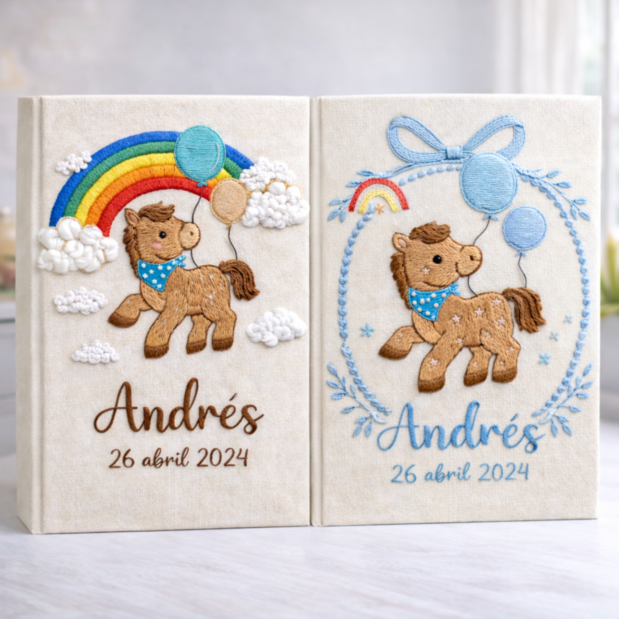 Personalized hand embroidered photo album featuring an adorable pony with balloons, colorful rainbow, fluffy clouds, and custom name embroidery on linen cover